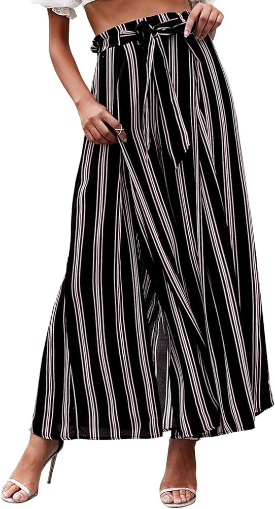 BerryGo Women's Boho Linen Flowy High Waisted Pants Elegant Split Stripe Wide Leg Pants | Amazon (US)