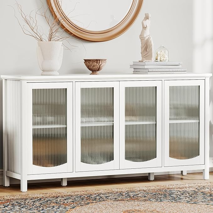 SICOTAS Sideboard Buffet Cabinet, 64" Credenza Long Storage Cabinet with 4 Fluted Glass Doors, Pa... | Amazon (US)