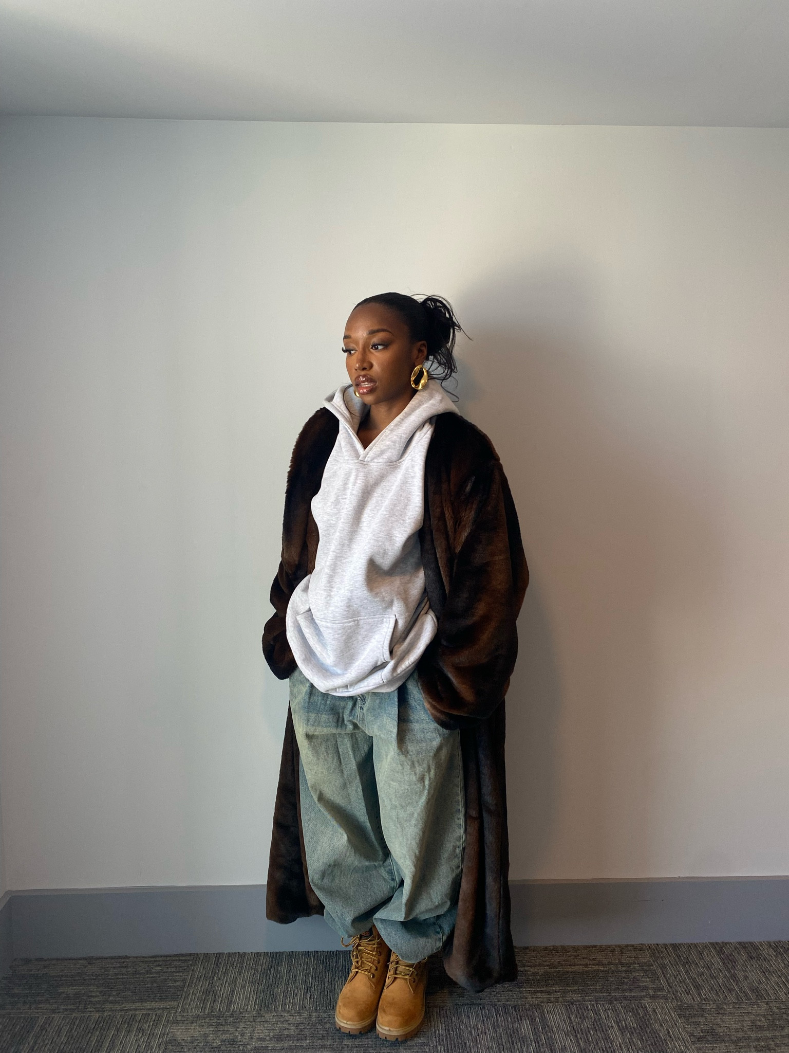 posting winter outfits on here! 🐻

everything is exact except for the fur coat and earrings. the fur coat is from ymree and the earrings are from misho! but yeah, this is my favorite winter outfit! 

fur coat, baggy jeans, hoodie, grey hoodie, grey sweatshirt, gold earrings, timbs, timberland shoes, timberland boots#LTKMostLoved 

#LTKstyletip #LTKSeasonal