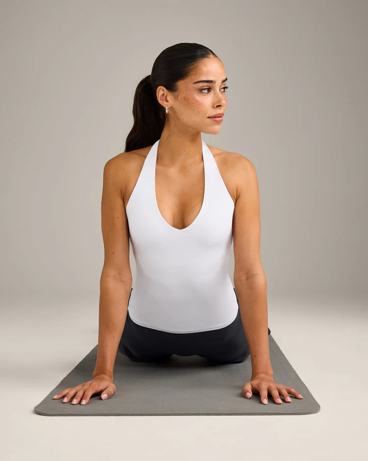 SoftMotion™ Halter Neck Vest with Built in Bra Shelf with Gray Logo 
 White | Oner Active (UK / US)