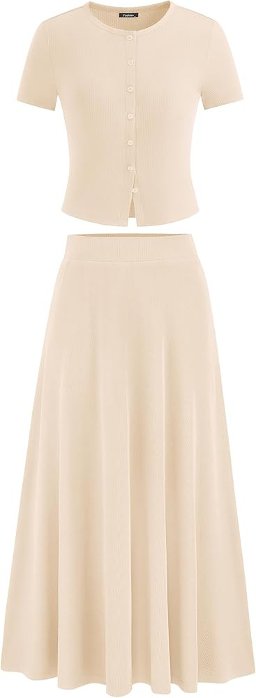 PRETTYGARDEN Women's 2 Piece Skirt Sets Summer Short Sleeve Button Up Knit Crop Top Flowy Maxi Sk... | Amazon (US)