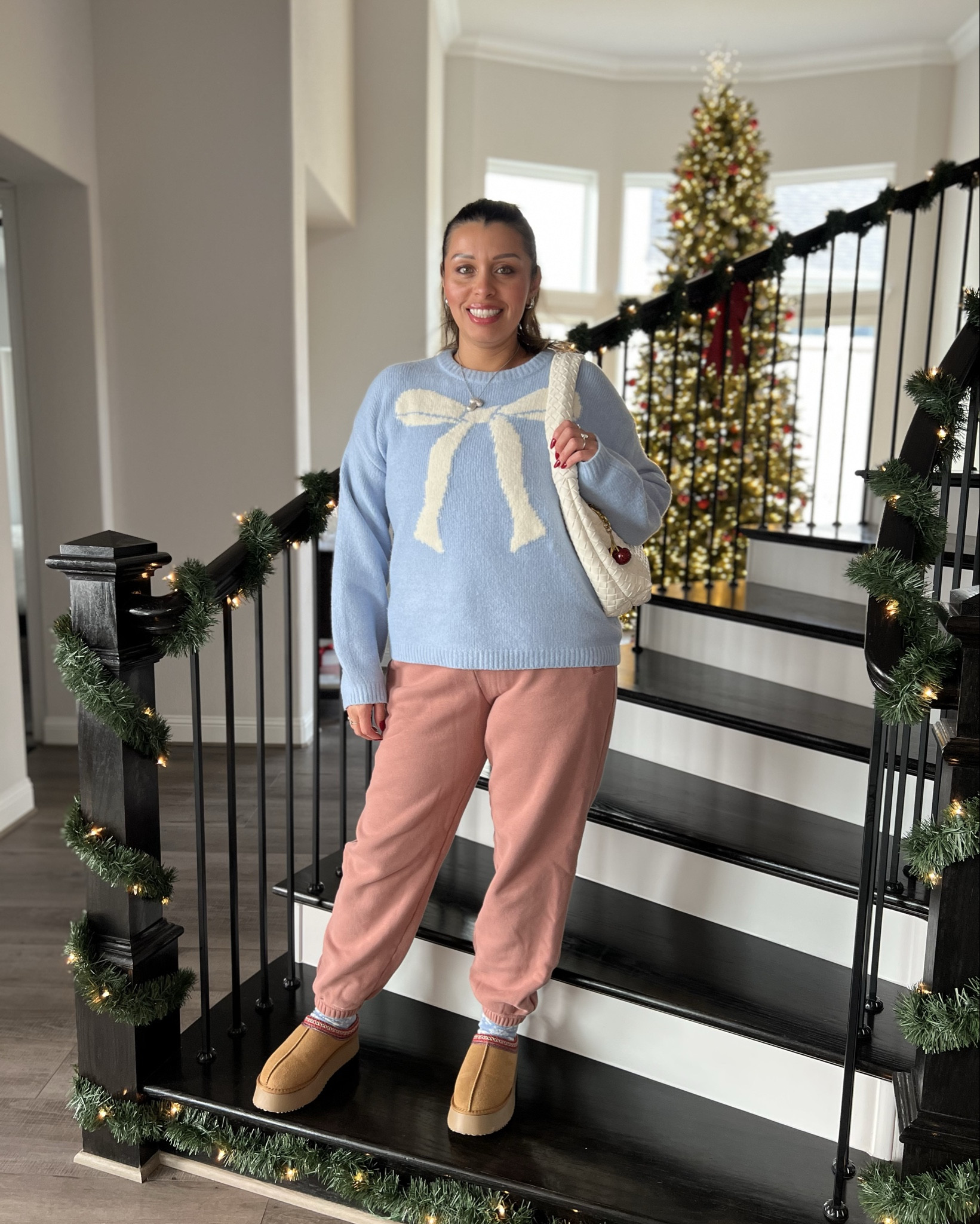 Holiday outfit of the day. Target sweatshirts and purse, abercrombie sweatpants, amazon platform mini boots and cherry charm. 

#LTKSeasonal #LTKHoliday #LTKStyleTip