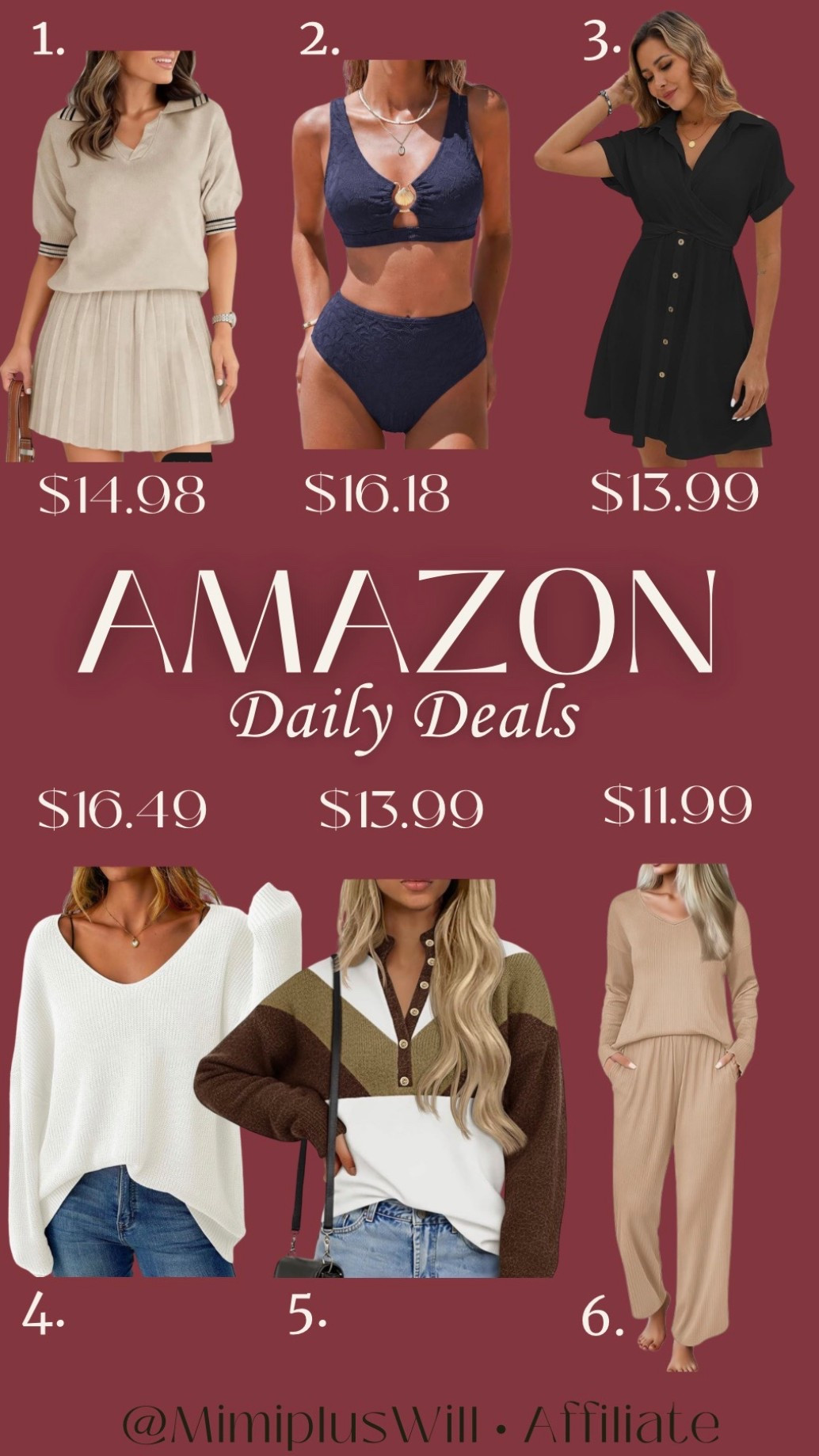 Amazon daily deals! Use the codes listed below for a limited time!

1. GVALQLNC
2. Z8PQILGR
3. MU994RBN
4. WB5KBXE2
5. 8CDOWH6N
6. 2ZEE2LA6

Amazon deals | sweater | pajamas | bikini | matching swim | vacation 
Follow @mimipluswill for more! 


#LTKSaleAlert #LTKgrwm #LTKTravel