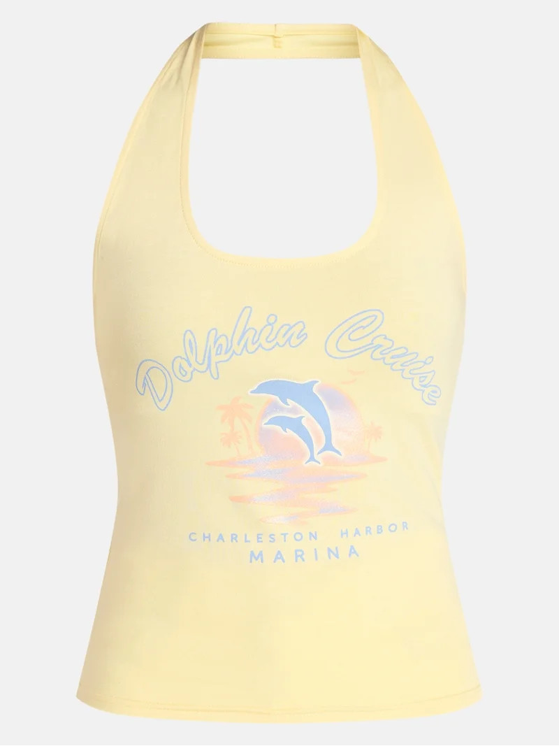 Social Edition Women's Dolphin Cove Cotton Graphic Halter Tee, Sizes XXS-XXL - Walmart.com | Walmart (US)