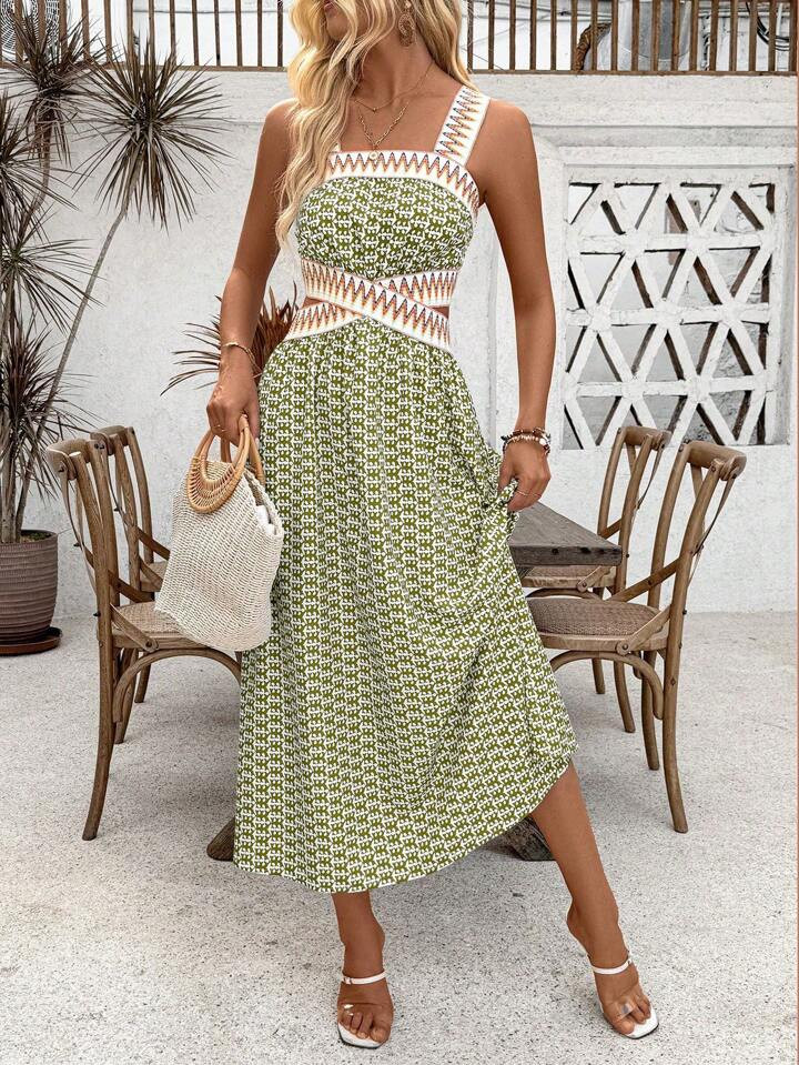 Breezaya Holiday Casual Printed Patchwork Woven Belt Hollow Out Sleeveless Dress Maxi Women Outfi... | SHEIN