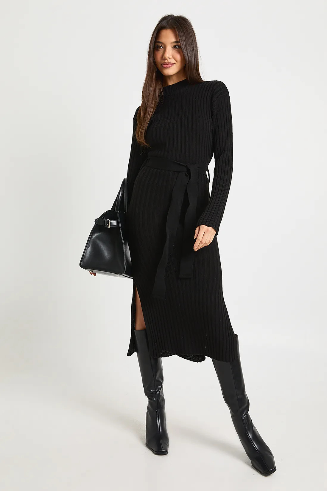 Rib Knit Tie Waist Midaxi Dress | Boohoo.com (UK & IE)