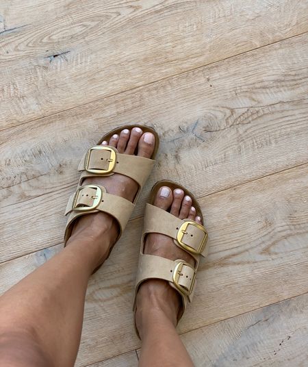Slide sandals. Vacation. Summer sandals. Love the big gold buckles and new neutral color  True to size. 

#LTKtravel #LTKshoecrush
