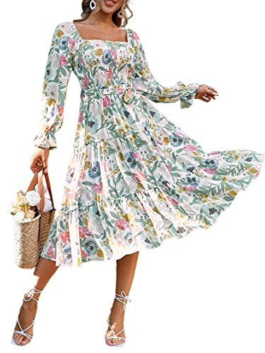 Amegoya Women's Boho Flowy Long Sleeve Floral Dress Ruffle Square Neck Smocked Maternity Dress Plus Size(A-Floral XL) | Amazon (US)