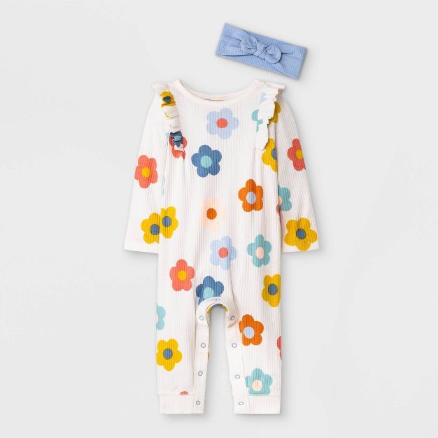 Baby Girls' Floral Rib Romper with Headband - Cat & Jack™ Cream | Target