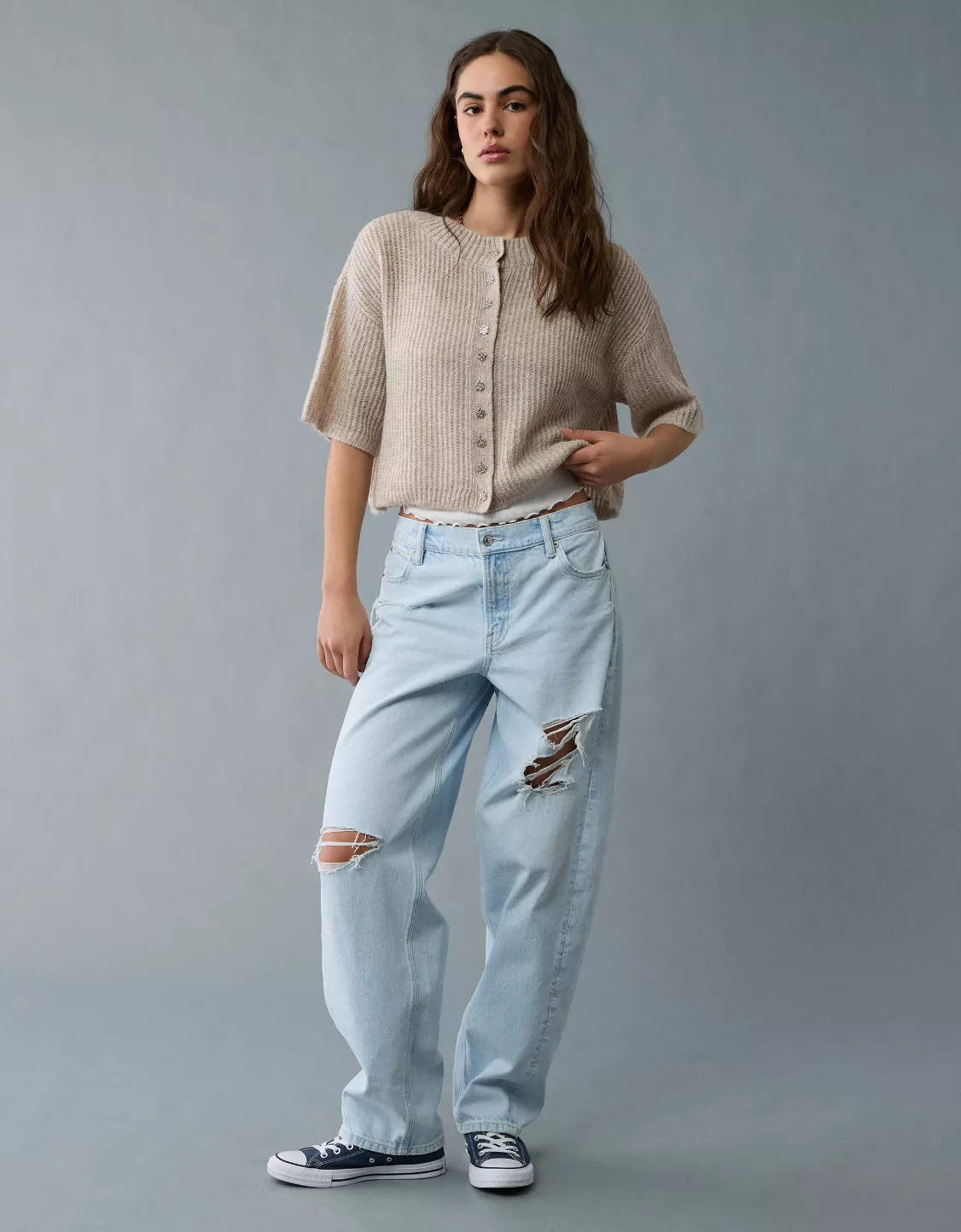 AE Short-Sleeve Crew Neck Cropped Cardigan | American Eagle Outfitters (US & CA)