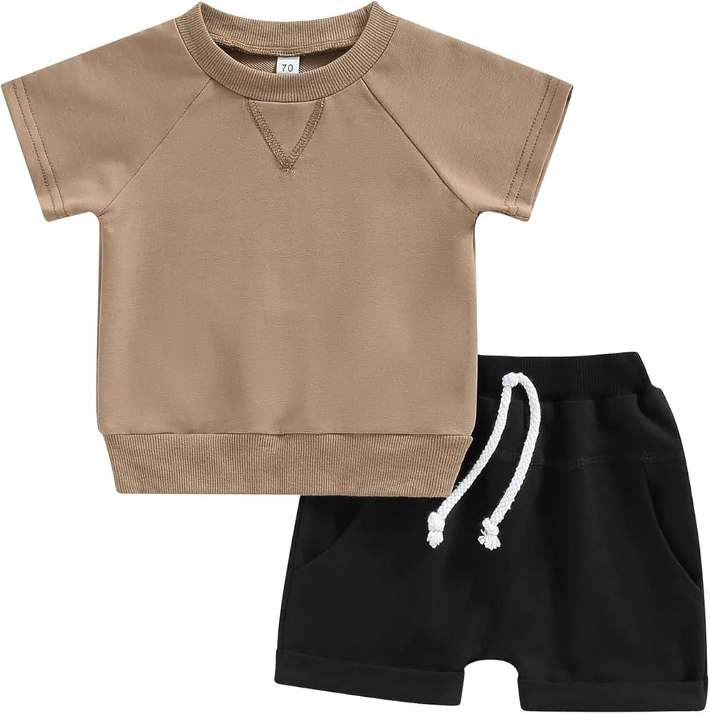 Toddler Baby Boys Summer Clothes Set Short Sleeve Round Neck Solid Color T-Shirt Tops Drawstring ... | Amazon (US)