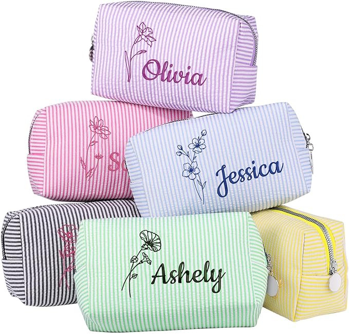Personalized Seersucker Makeup Bag with Embroidered Name&Birth Flower,Custom Small Travel Cosmeti... | Amazon (US)