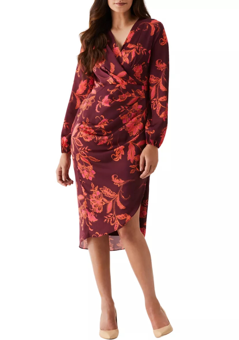 Petite Wrap Long Sleeve Midi Dress | Belk