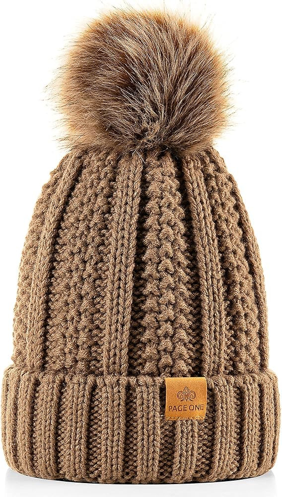 PAGE ONE Womens Winter Thick Cable Knit Beanie Faux Fur Pom Hat Fleece Lined Skull Cap | Amazon (US)