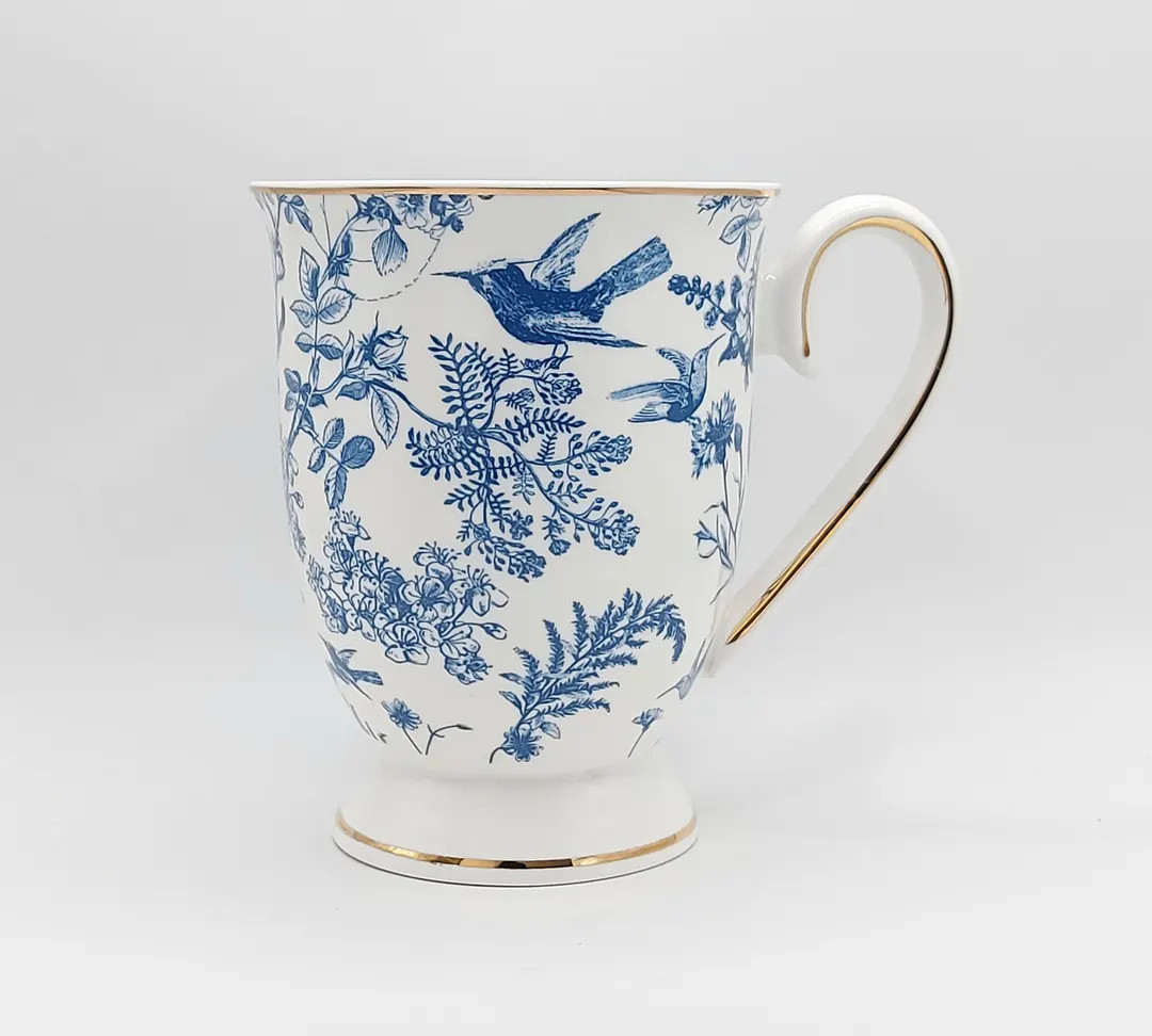 Blue Spring Garden and Birds Coffee Tea Mug 10 Oz Fine Porcelain, Floral Pattern Jug, Delicate Dr... | Etsy (US)