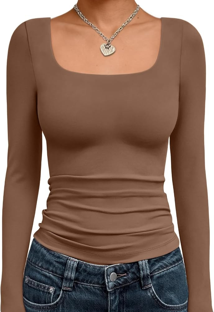 Trendy Queen Womens Long Sleeve Shirts Crop Tops Fall Fashion Solid Square Neck Going Out Basics ... | Amazon (US)