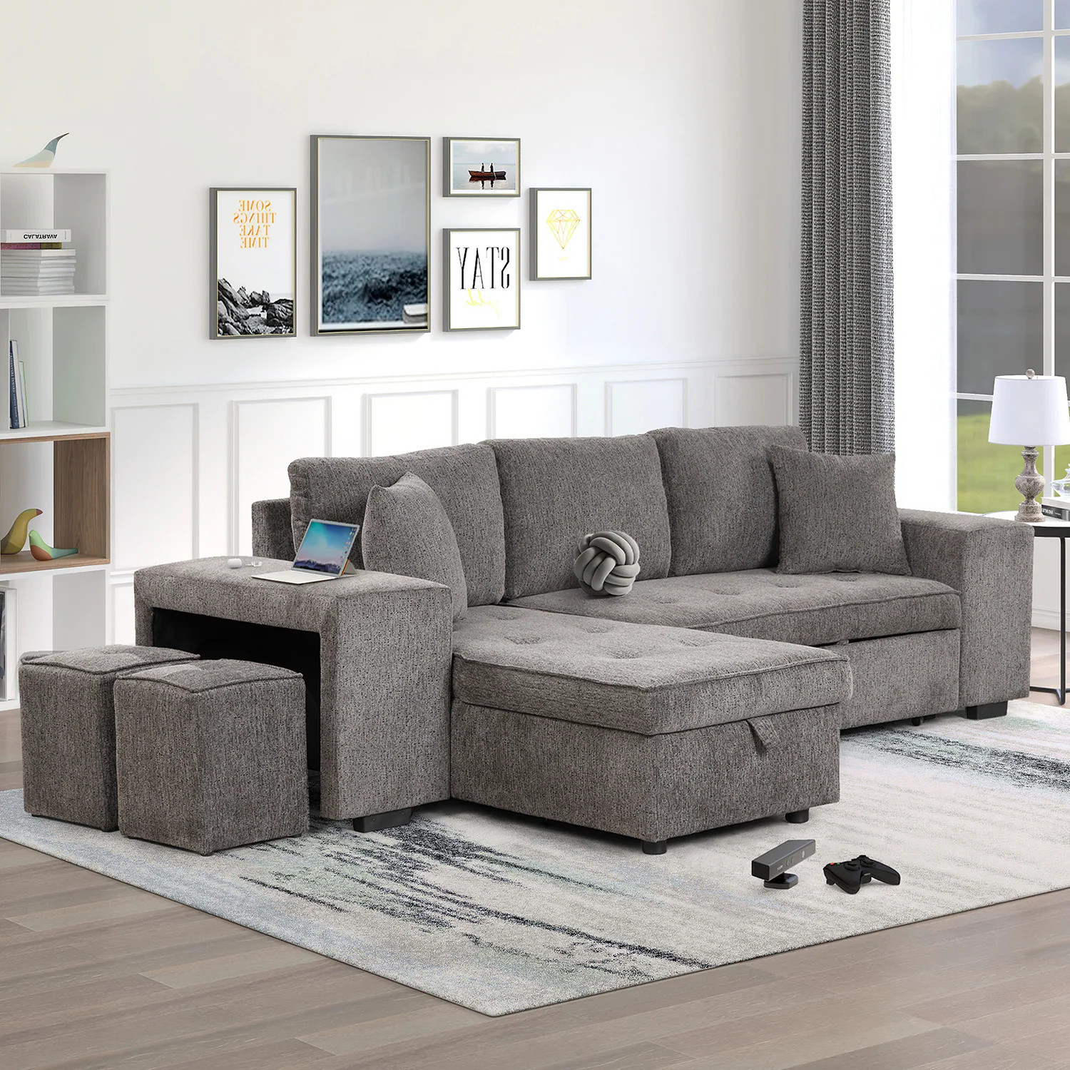 GZMR Modern L-Shape 3 Seat Sofa Couch 105-in W Modern Knox Charcoal Linen 3-seater Reclining Storage Sofa with Slipcover one_size | GZ-GN3916A | Lowe's