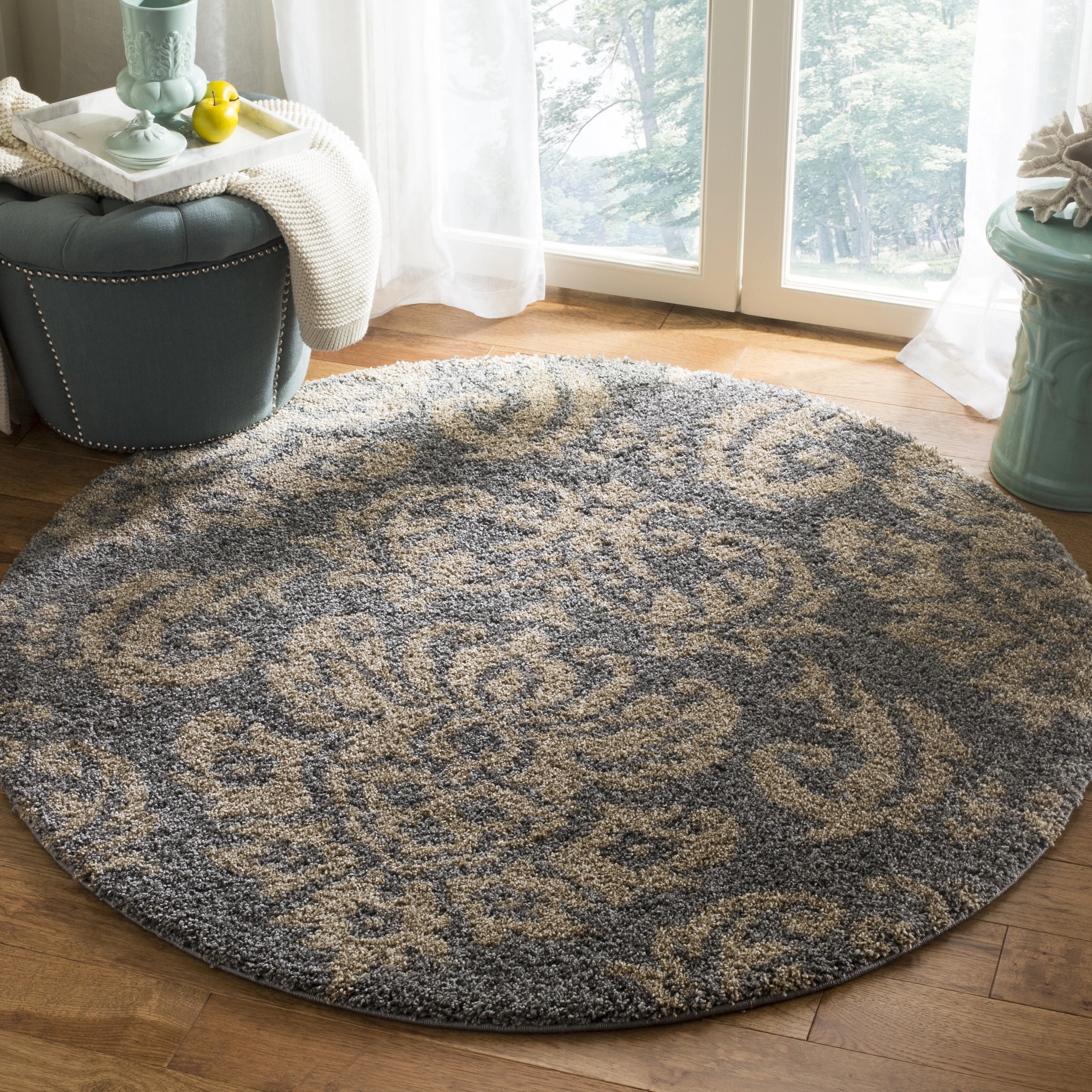 SAFAVIEH Florida Desmond Damask Plush Shag Area Rug, Grey/Beige, 4' x 4' Round | Walmart (US)