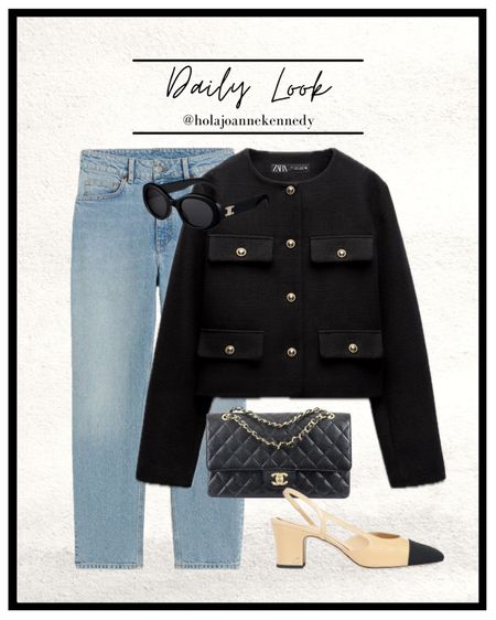 Spring outfit, spring fashion, light denim, slim mom high ankle jeans, H&M jeans, two tone sling backs, sling back heels, black cropped jacket, gold button jacket, old money style jacket, spring styling 

#LTKstyletip #LTKfindsunder50 #LTKeurope