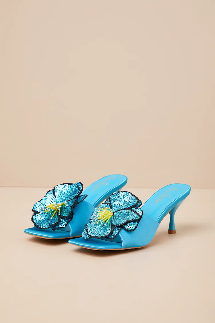 Lumena Turquoise Satin Flower High Heel Slide Sandals | Lulus