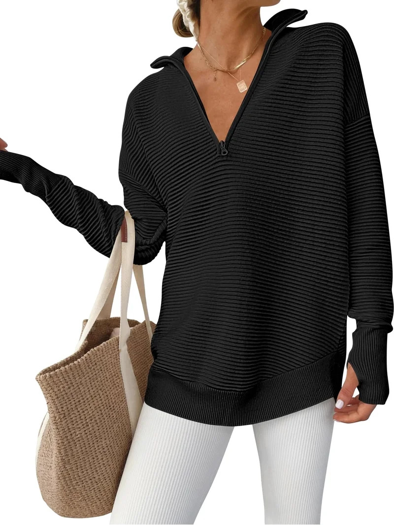 Luniro Women Quarter Zip Sweaters Long Sleeve Casual Ribbed Knit Pullover Sweater Fall Trendy Top... | Walmart (US)
