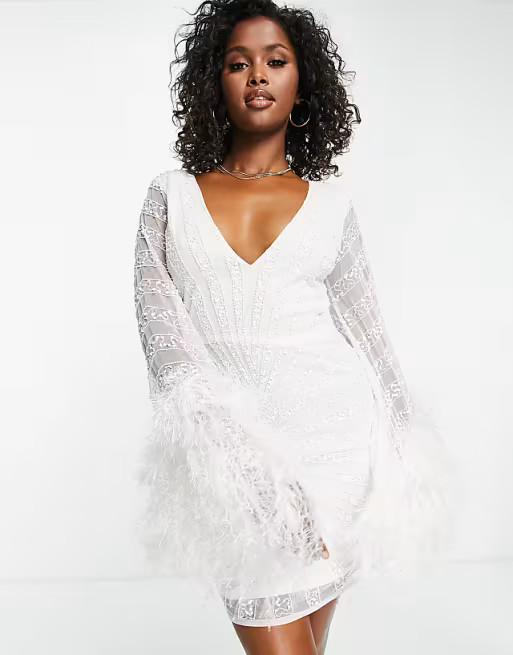 Starlet plunge embellished faux feather mini dress in white | ASOS (Global)
