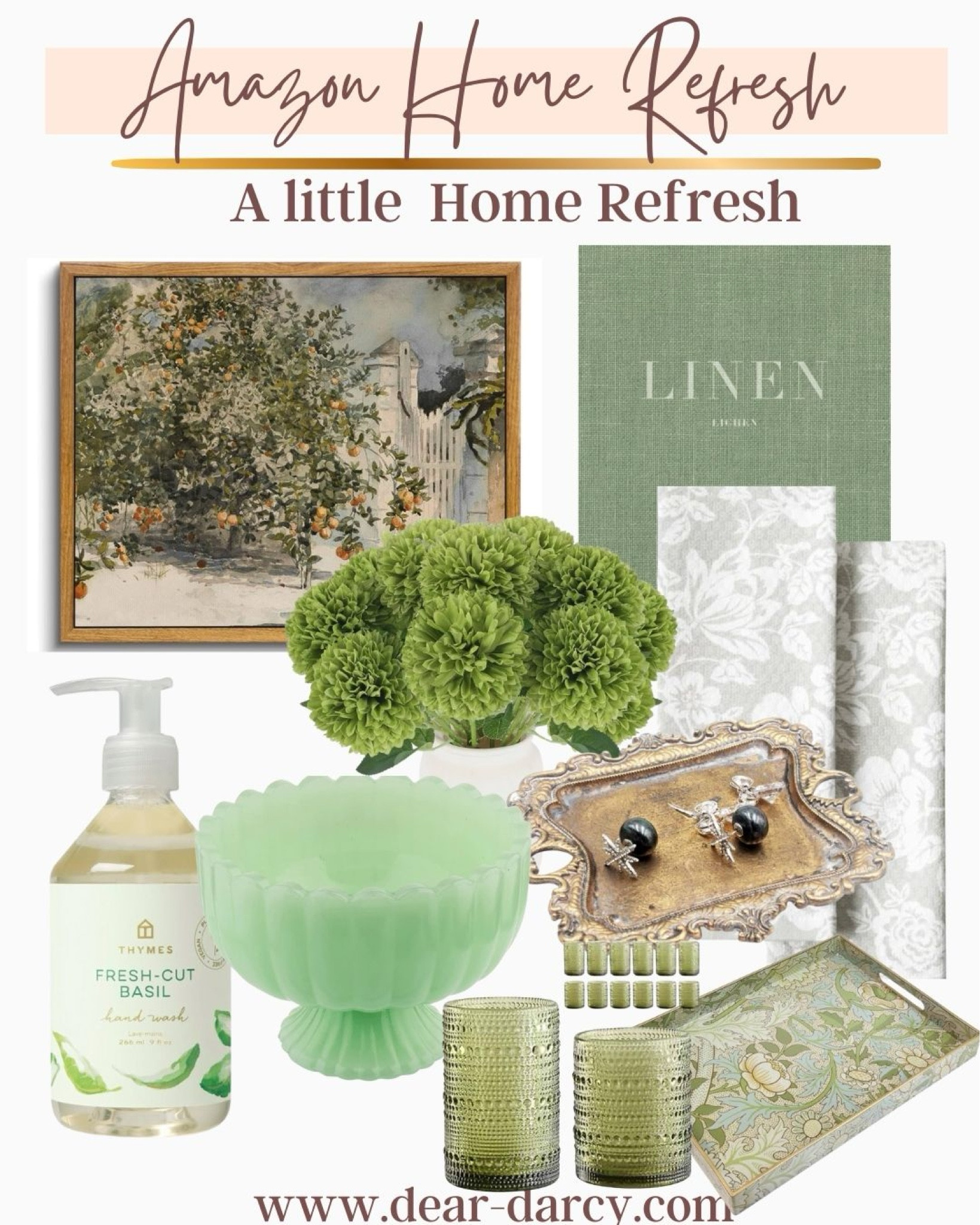 Amazon Home Refresh

A little Spring refresh
With affordable finds.

Perfect little treasures to give your  home a little Spring touch.

-Great small piece of Art
- Coffee table book on linens
-beautiful green satin glass bowl
- mini gold tray that looks vintage and great for business cards, rings or little treasures.
- thymes hand soap
- Beautiful dish towels 
- gorgeous serving tray 
-Saul flowers that look real 
-pretty green glass drinking glasses

#LTKHome #LTKFindsUnder50 #LTKStyleTip