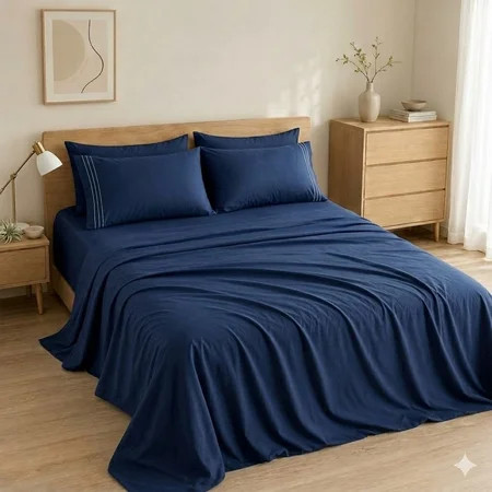 Queen Sheets Set, 4 Piece Bed Sheets, Soft Microfiber Sheets Set, Cooling & Breathable Sheets, Deep Pocket Fitted Up to 16", Navy Blue | Walmart (US)