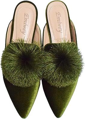 Amazon.com | Emiwey Women's Backless Comfort Slip On Loafers Flats Cute Pom Pom Mule Slippers Cas... | Amazon (US)