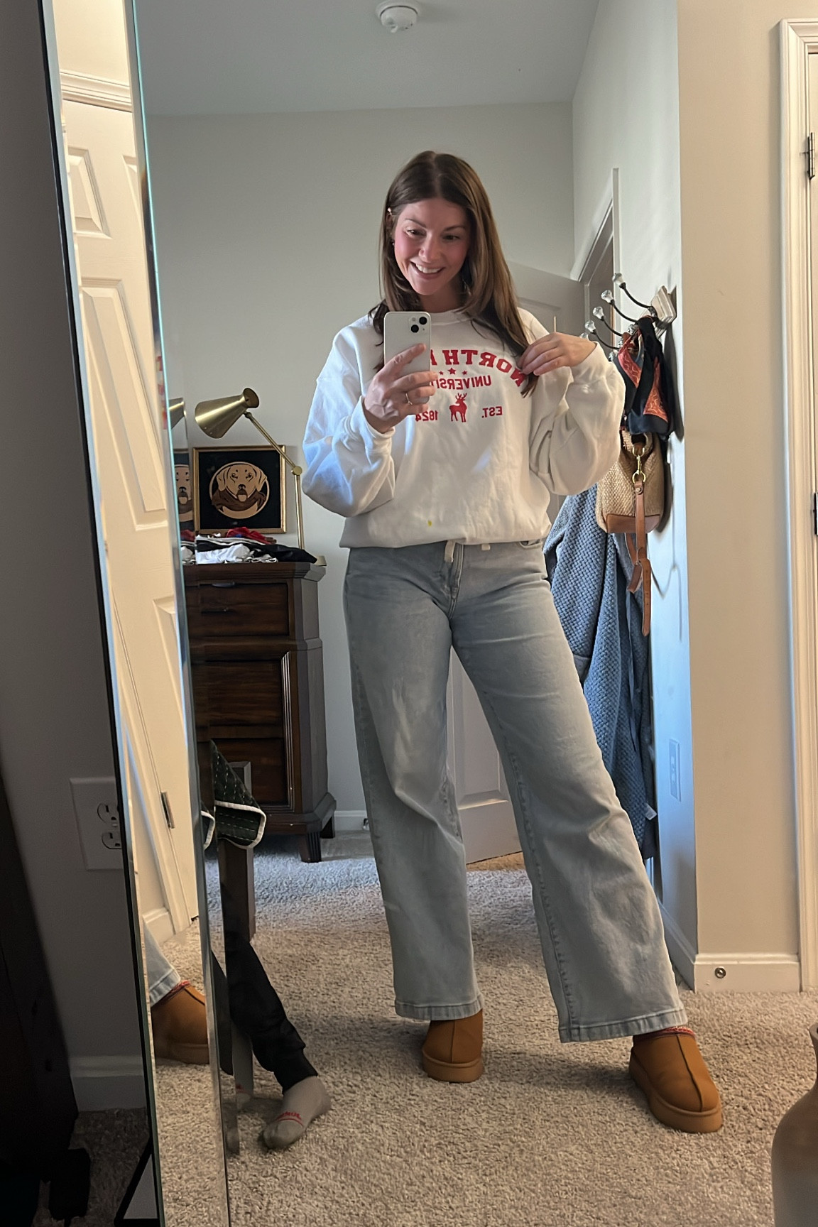 Casual holiday outfit. Comfy mom outfit, slippers, SAHM outfit, winter outfit, wide leg jeans, Etsy finds 

#LTKMidsize #LTKSeasonal #LTKHoliday