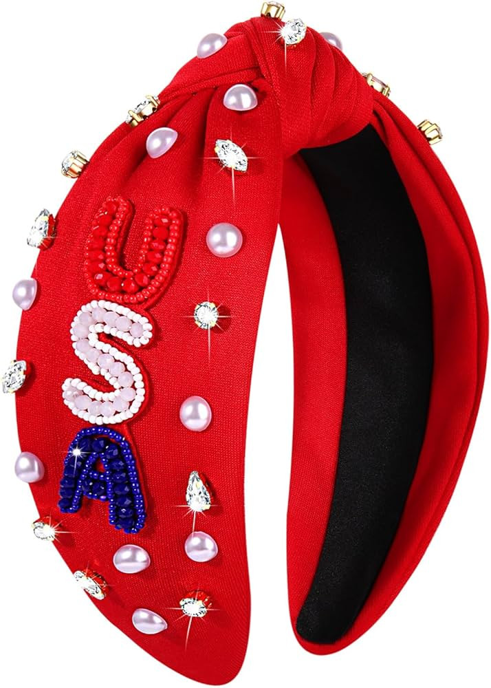CEALXHENY 4th of July Headbands for Women, Crystal Pearl Knotted Headbands American Flag Patrioti... | Amazon (US)