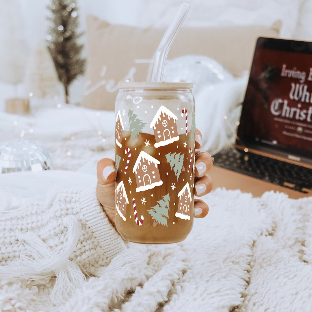 16oz Gingerbread House Glass Can Cup with Lid and Straw, Christmas Cups, Coffee Glass, Iced Coffe... | Etsy (US)