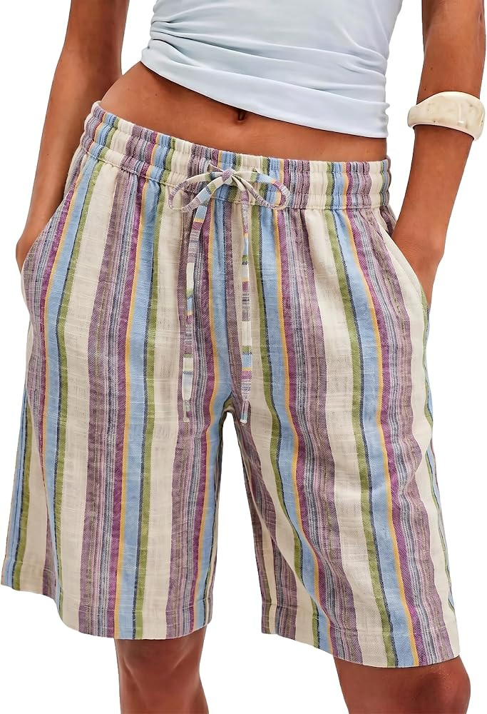 MISSACTIVER Women Stripe Bermuda Shorts Knee-Length Drawstring Elastic Waist Wide Leg Baggy Short... | Amazon (US)