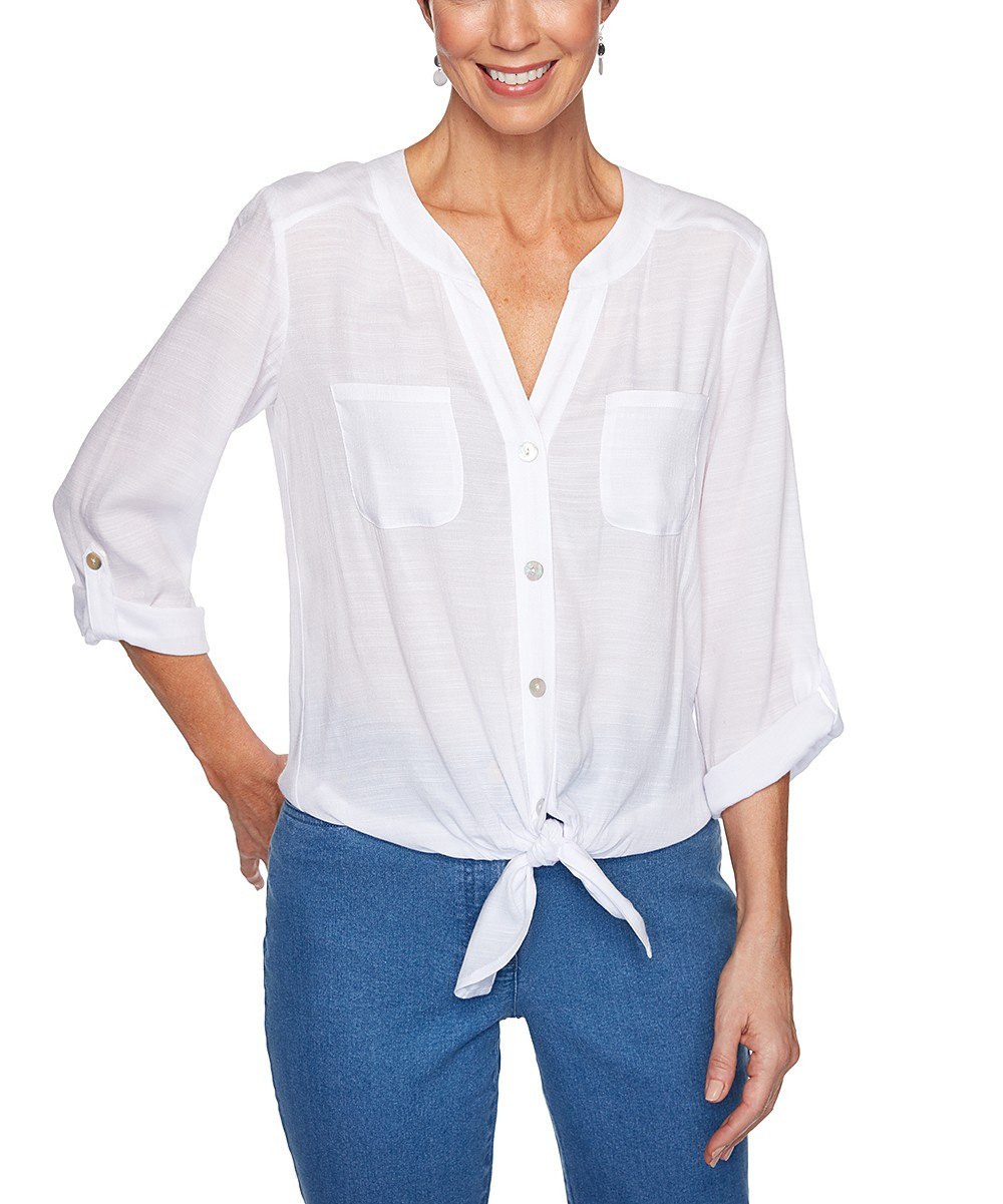 Ruby Rd. Women's Button Down Shirts WHITE - White Gauze Tie-Front Button-Up Top - Women & Plus | Zulily
