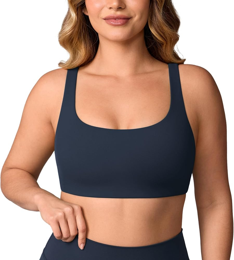 Hugcurve Double Lined No Padding Sports Bra Scoop Neck Cross Back Convertible Wireless Yoga Worko... | Amazon (US)