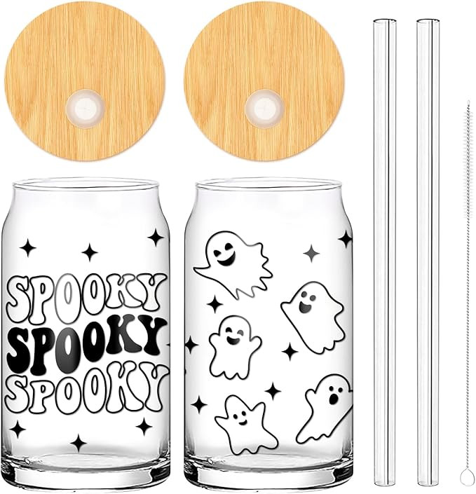 Whaline 2 Pack Halloween Glasses Cups Spooky Ghost Drinking Glasses 16oz Cute Halloween Ice Coffe... | Amazon (US)