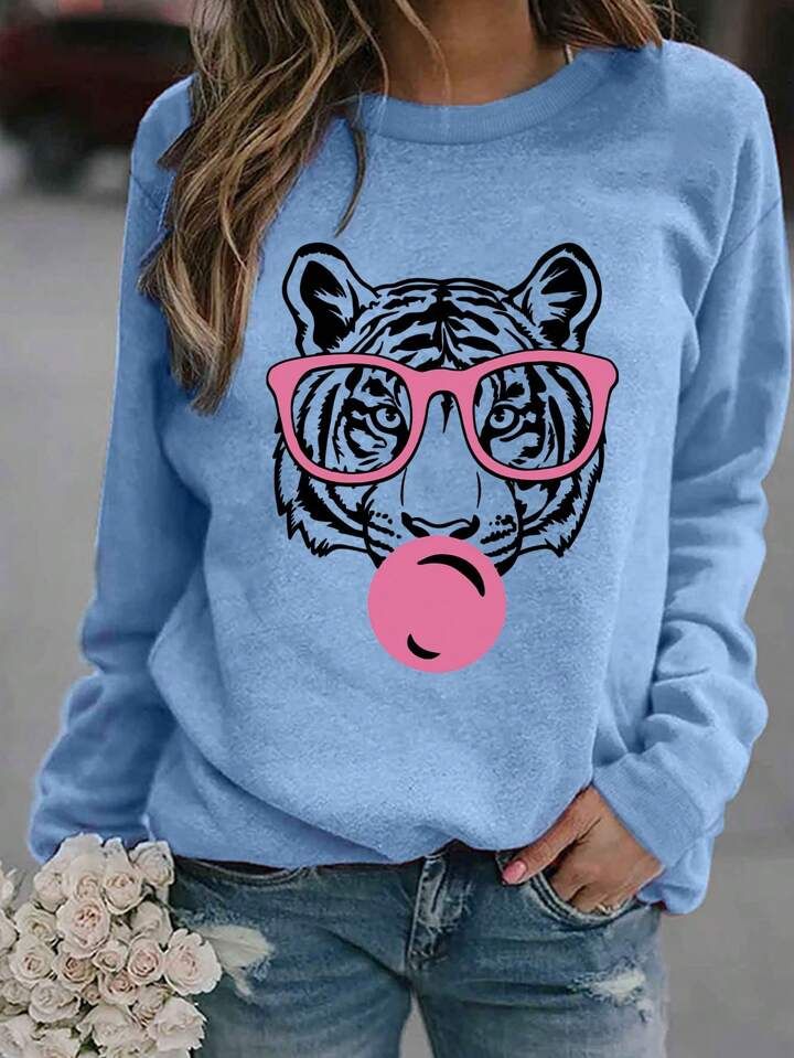 Women's Lovely Tiger Print Casual Simple Outdoor Round Neck Fleece Pullover | SHEIN