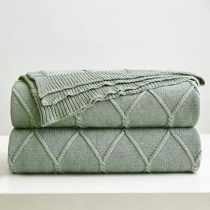 100% Cotton Sage Green Cable Knit Throw Blanket for Couch, Sofa with Bonus Laundering Bag – Lar... | Amazon (US)