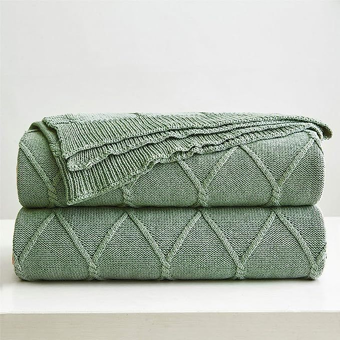 100% Cotton Sage Green Cable Knit Throw Blanket for Couch, Sofa with Bonus Laundering Bag – Lar... | Amazon (US)