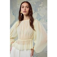 ASTR the Label | Amie Shirred Balloon Sleeve Peplum Top in Lemon | Size XS | ASTR The Label (US)