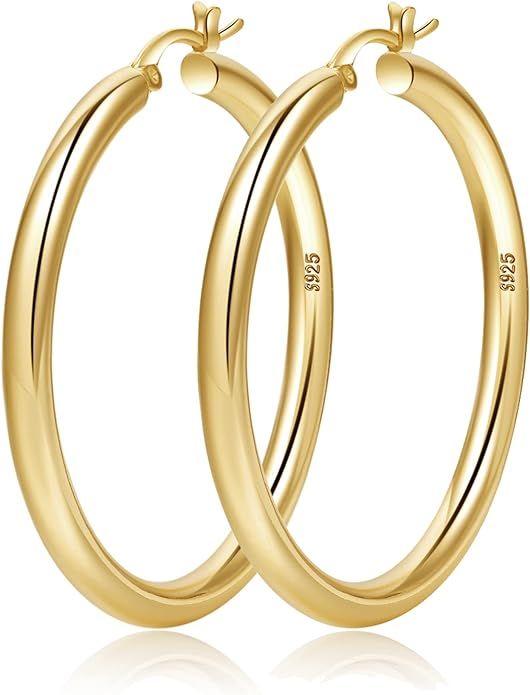 4mm Thick Gold Chunky Earrings Steling Silver Post Hoops Earrings For Women Hollow Tube Hoops Ear... | Amazon (US)