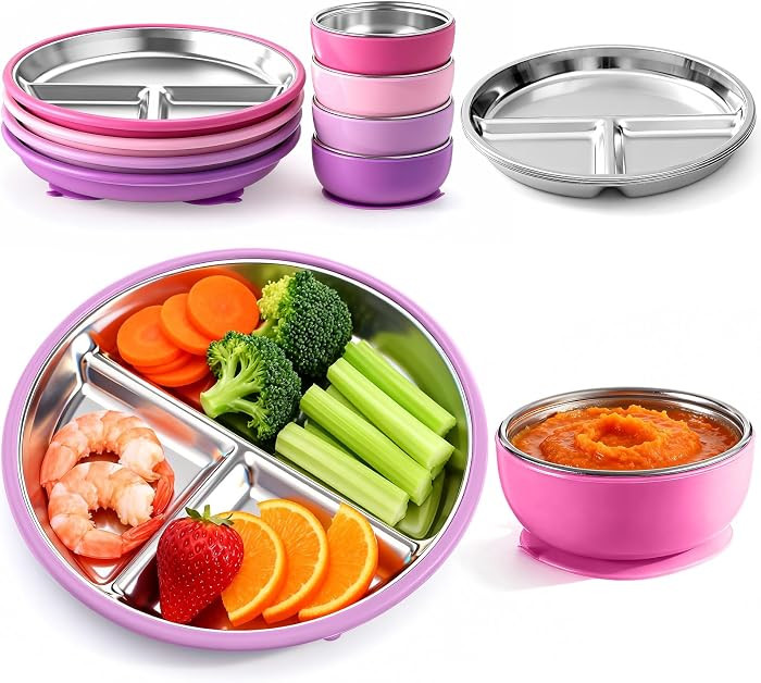 8 Pcs Stainless Steel Baby Plate and Bowls with Suction, 8.3" Kid Divided Plate and 4" Toddler Bo... | Amazon (US)