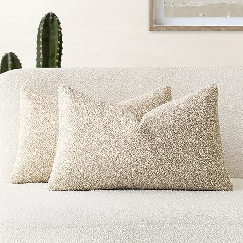 Foindtower Pack of 2, Curly Faux Fur Decorative Throw Pillow Covers Soft Plush Cushion Case with Zipper Cozy Boho Lumbar Pillowcase for Home Living Room Couch Bedroom Sofa 12 x 20 Inch, Light Beige | Amazon (US)