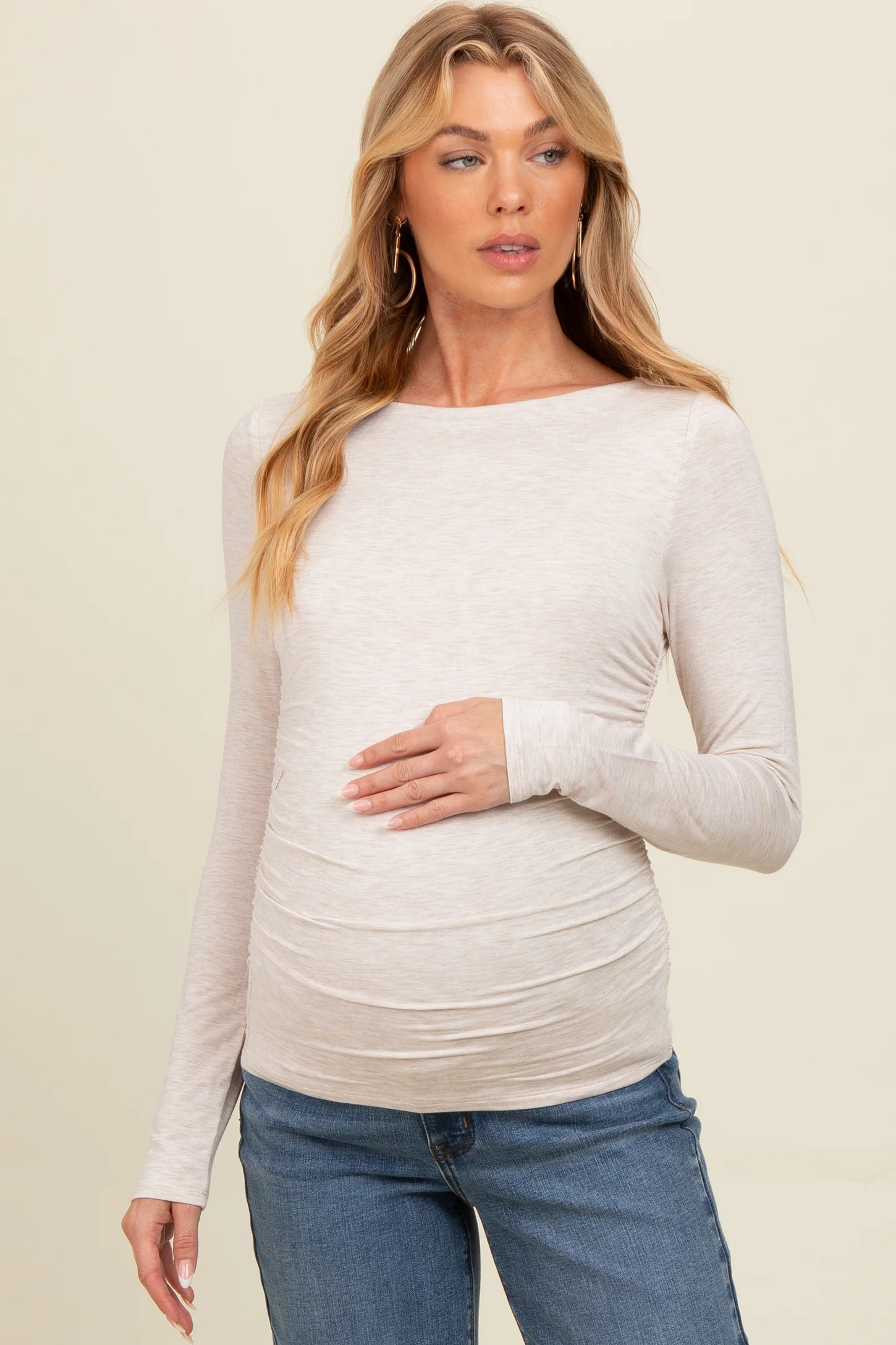 Beige Ruched Long Sleeve Maternity Top | PinkBlush Maternity