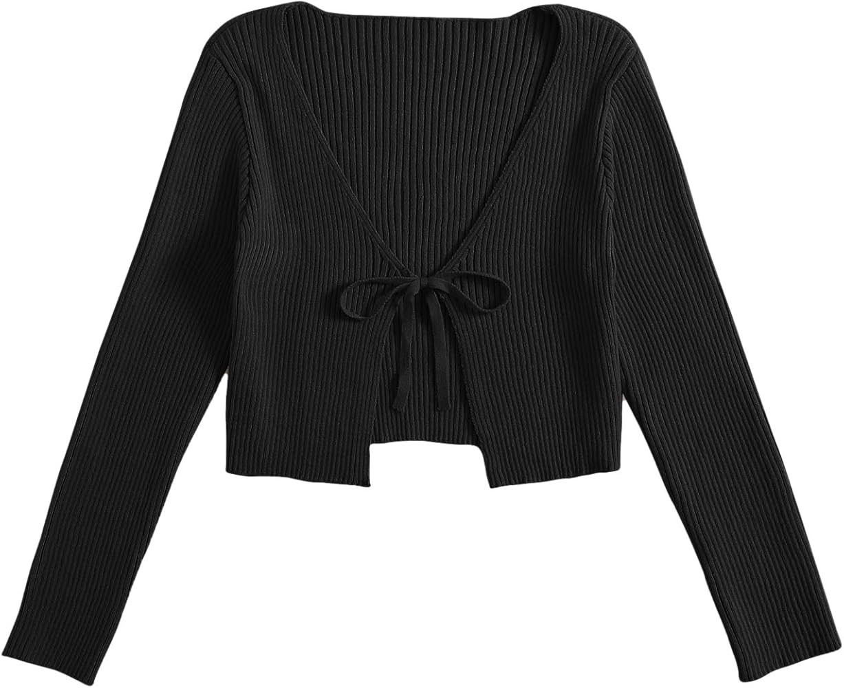 Floerns Women's Tie Front Long Sleeve Rib Knit Shrug Sweaters Cardigan Crop Top | Amazon (US)