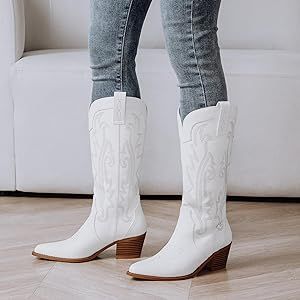 Athlefit Women's Embroidered Western Cowboy Boots Fashion Pointed Toe Chunky Heel Mid Calf Cowgir... | Amazon (US)
