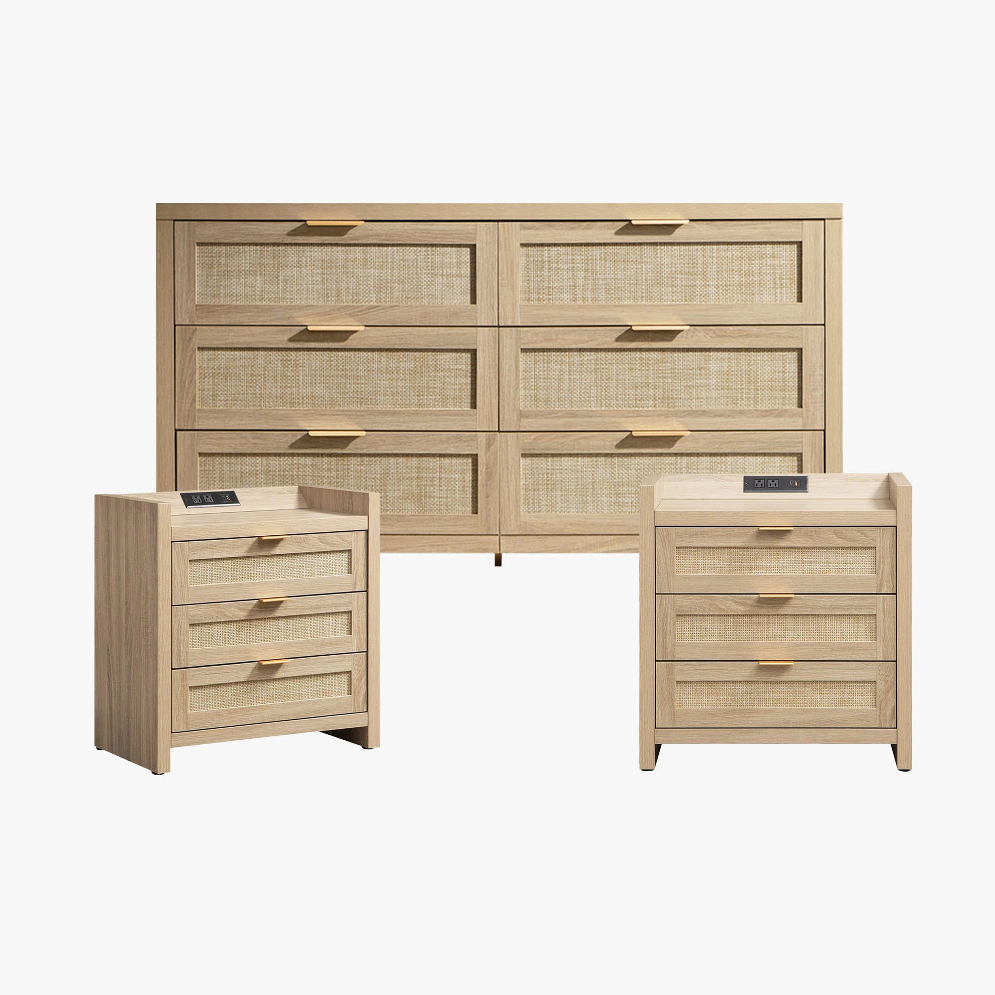 Boho Rattan 3 Piece Bedroom Set, 6-Drawer Dresser And 3-Drawer Charging Station Nightstand | Wayfair North America