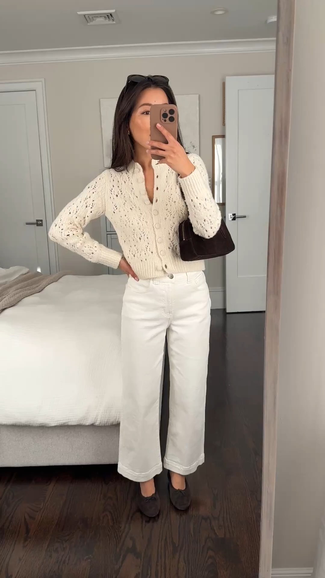 Extra 50% off Madewell sale including this sweater!

• cardigan xxs very petite friendly. Also comes in a crewneck sweater, linked below 

• The PV Wide-Leg Crop Jean 24 petite - old color but I linked the blue wash I also have and love as well as a cream wide leg corduroy 

• suede shoulder bag with a detachable charm
