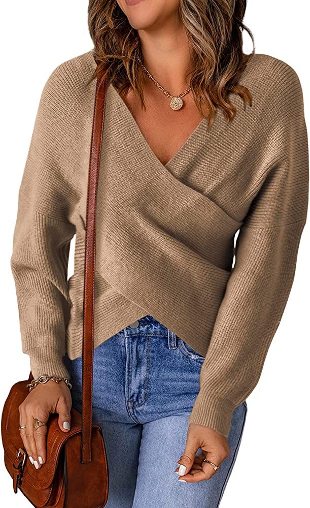KIRUNDO Women’s Long Sleeve Cross Wrap V Neck Knit Sweater Off Shoulder Backless Casual Solid P... | Amazon (US)