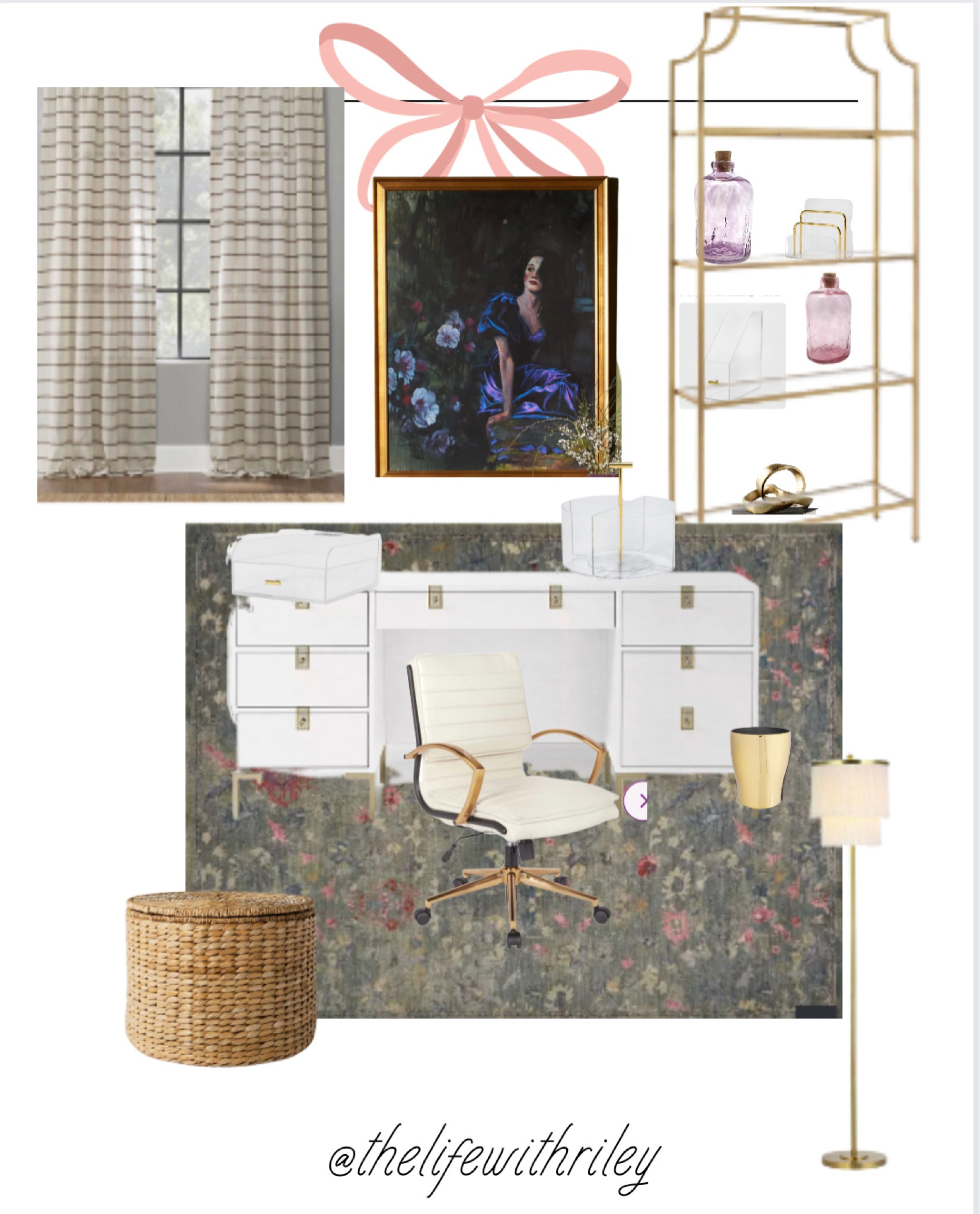 Home office decor 

Sage green rug, area rug, white desk, gold bookshelf, stripe curtains, office chair, desk chair, moody wall art, gold bookshelf, fringe lamp, office decor, home office 

#LTKhome #LTKstyletip